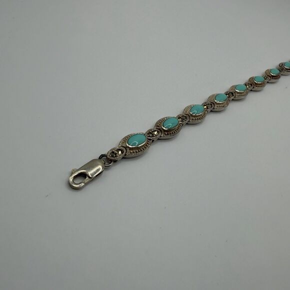 925 Sterling Silver Turquoise Bracelet 6.2 Inch Delicate Blue Stone Jewelry - Picture 2 of 7